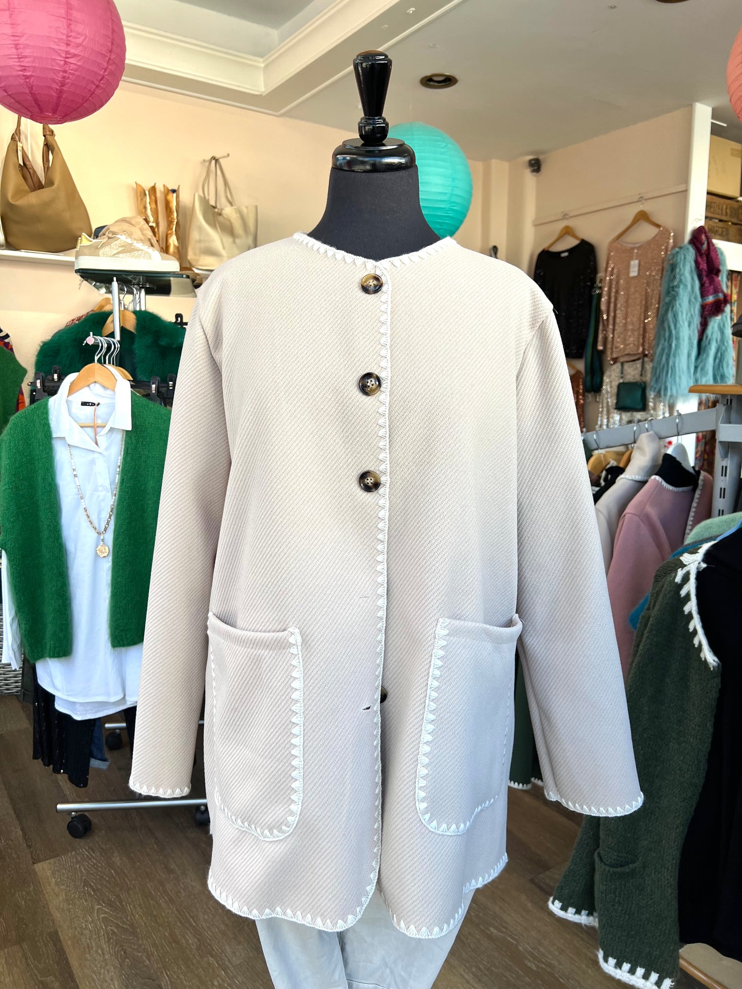 Liselle Contrast Stitch Jacket With Scarf - Creamy Beige