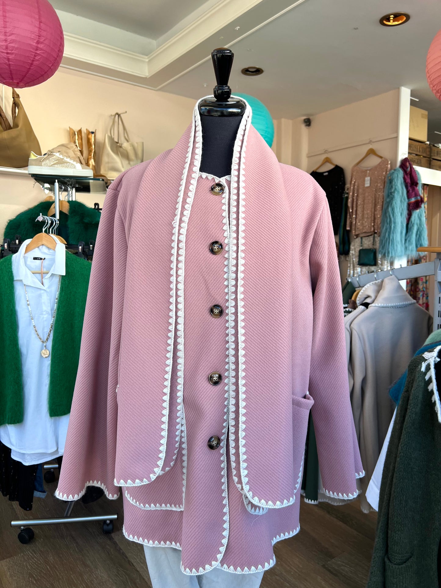 Liselle Contrast Stitch Jacket With Scarf - Blush Pink