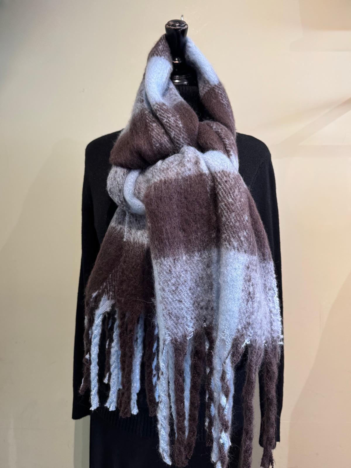 Katie Large Checked Blanket Scarf - Pastel Pink & Brown Or Pastel Blue & Brown