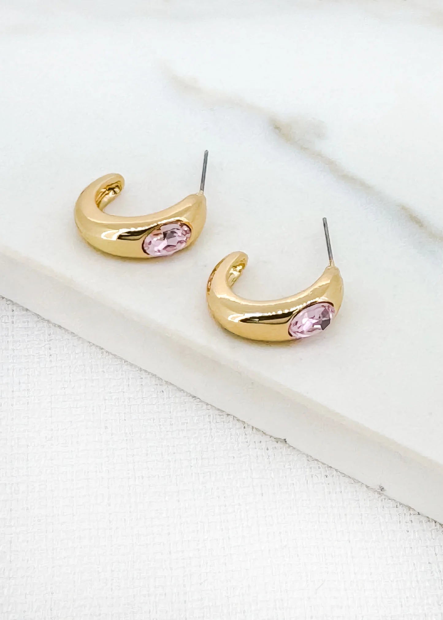 Envy Jewellery Gold Toned Half Hoop Earrings With Faceted Pale Pink Crystal inset