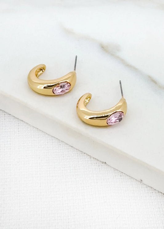 Envy Jewellery Gold Toned Half Hoop Earrings With Faceted Pale Pink Crystal inset