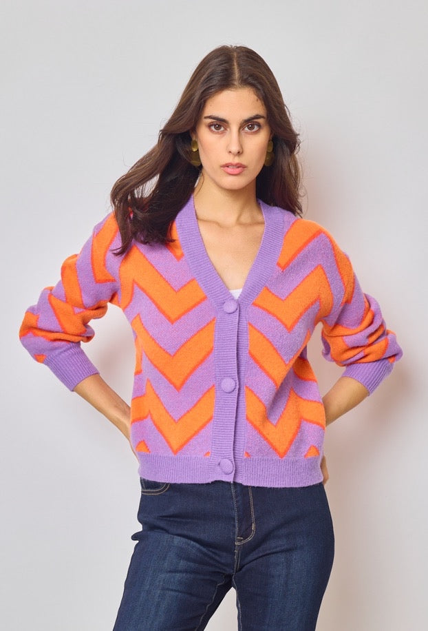 Amelia Zig Zag Soft Knit Cardigan - Orange & Lilac