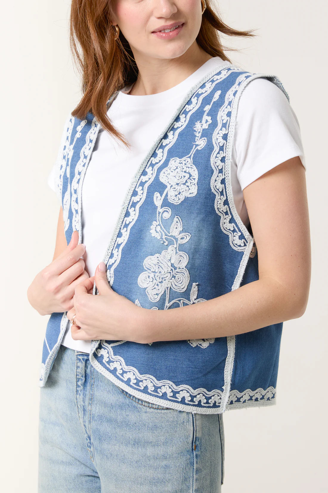 Andrea Faded Denim Boho Embroidered Waistcoat