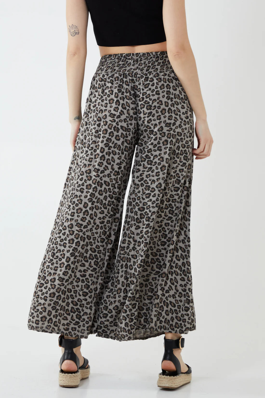 Kitty Shirred Waistband Wide Leg Leopard Print Trousers - Khaki Or Mocha