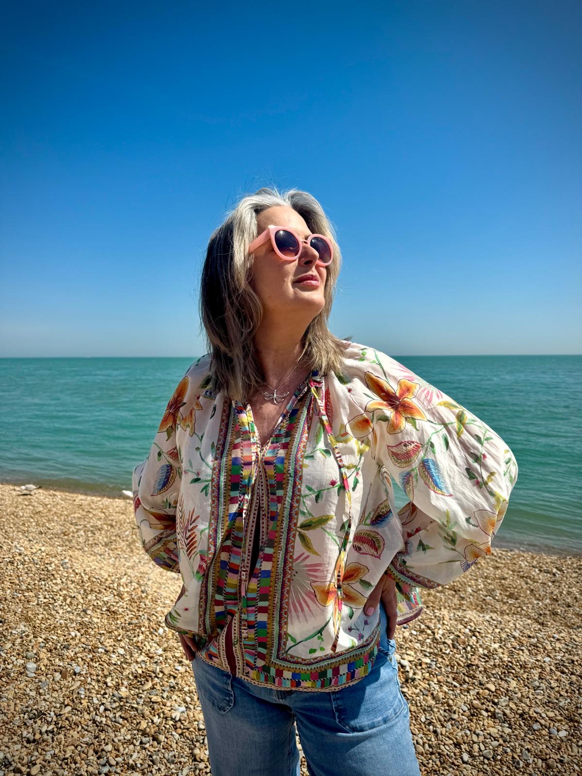 Cora Boho Tencel Chiffon Blouse - Botanical Placement Print - Muted Multi Tones
