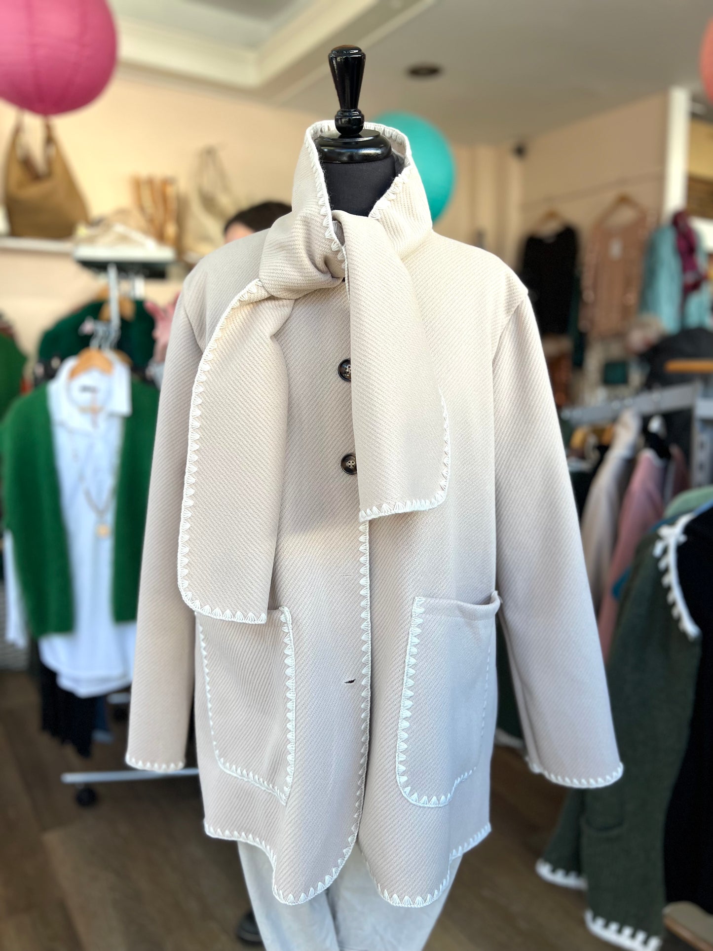 Liselle Contrast Stitch Jacket With Scarf - Creamy Beige