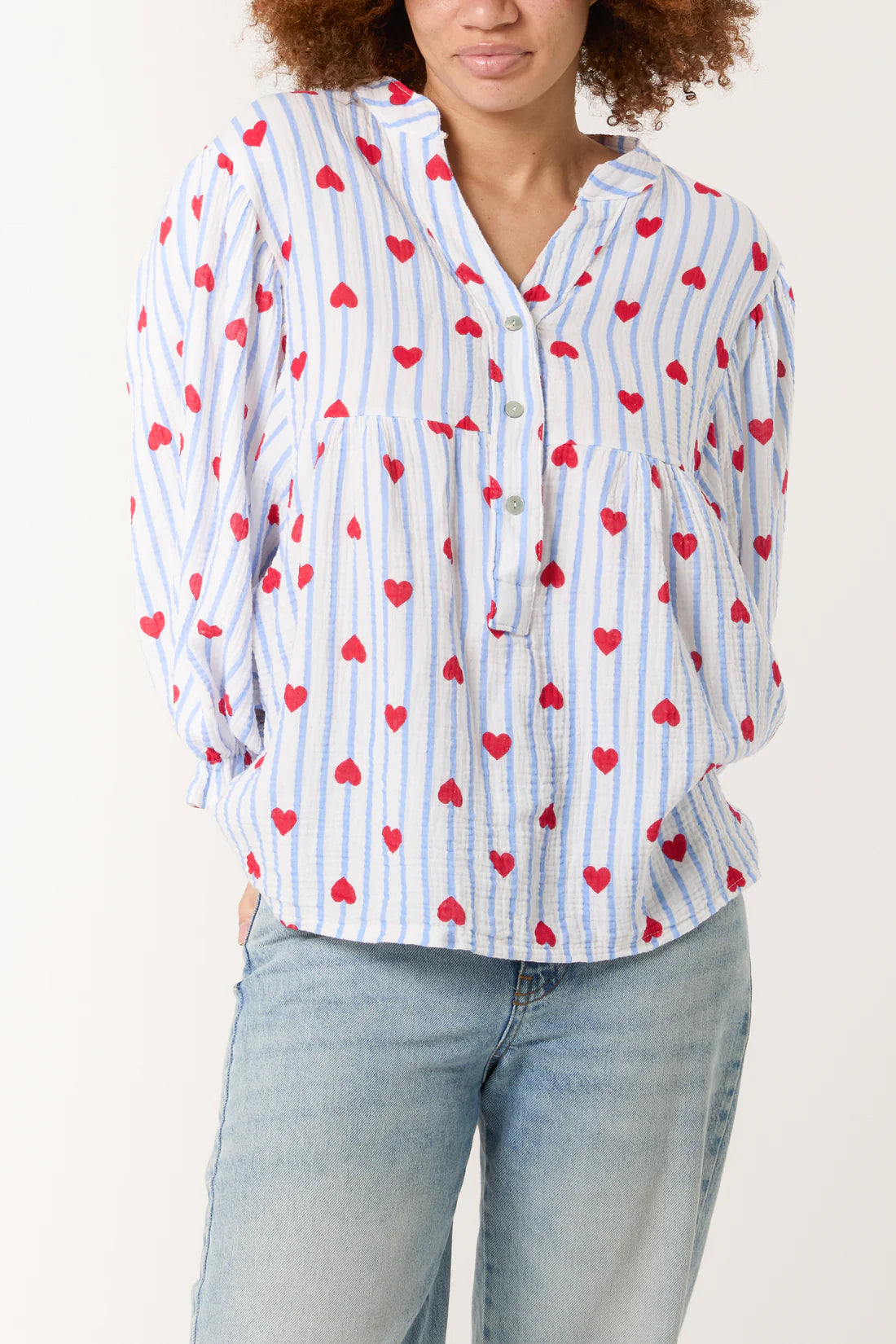 Tamarisk Curve Cotton Cheesecloth Blouse - Blue & White Or Pink & White With Hearts