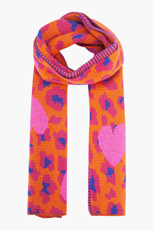 Bold Pink & Orange Leopard Print & Heart Cosy Knit Scarf