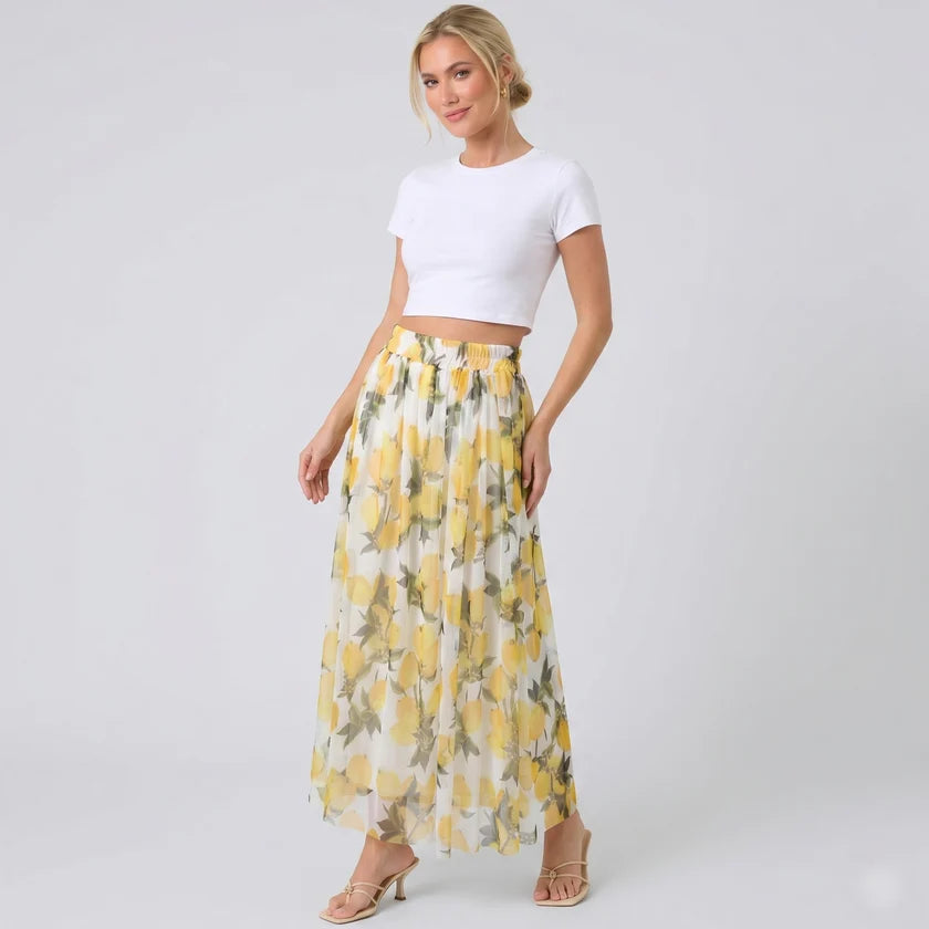 Elena Lemon Print Tulle Maxi Skirt