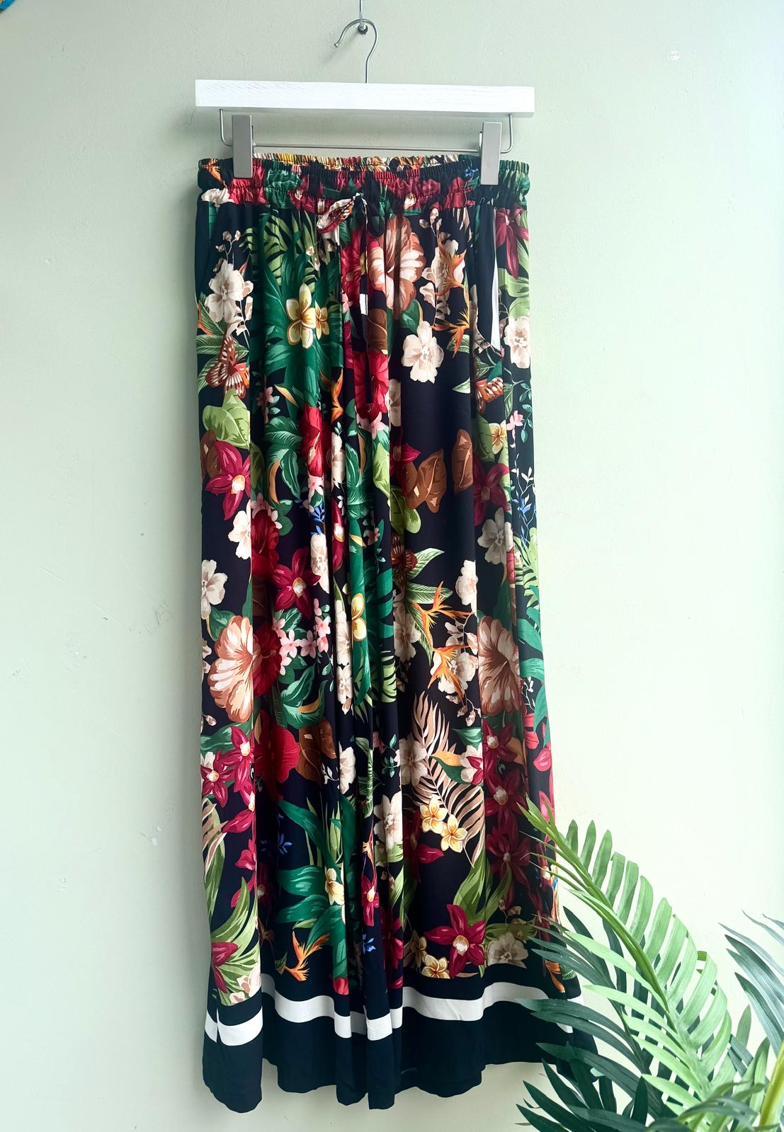 Ivy Black Floral Wide Leg Trousers With Stripe Border