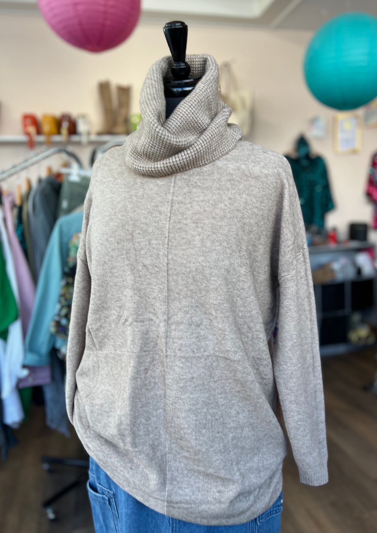 Astrid Longline Jumper With Waffle Knit Roll-neck - Warm Beige