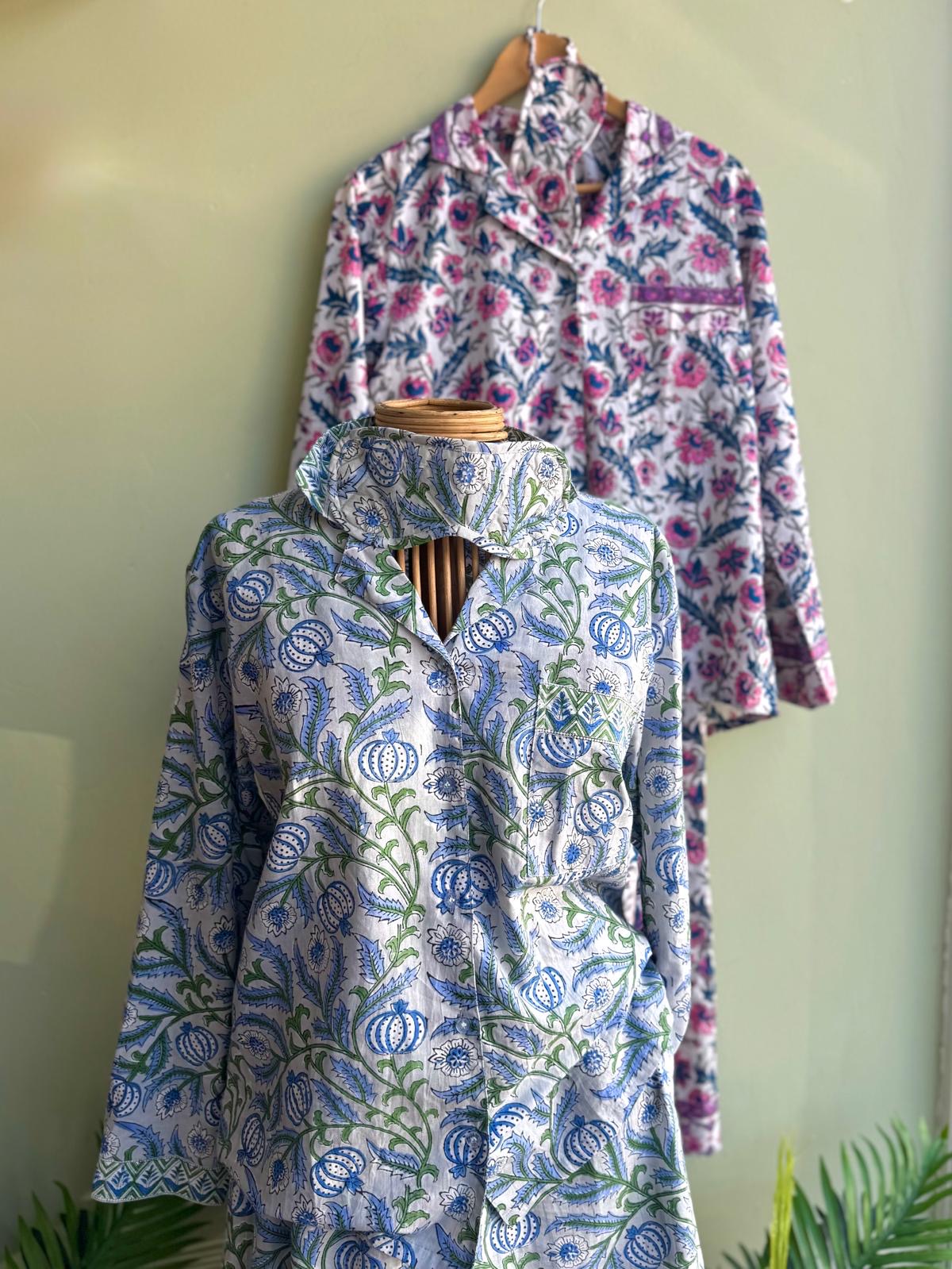 Tamarisk Bazaar Hand Block Printed Indian Cotton Pyjamas- Blue & Grey Floral