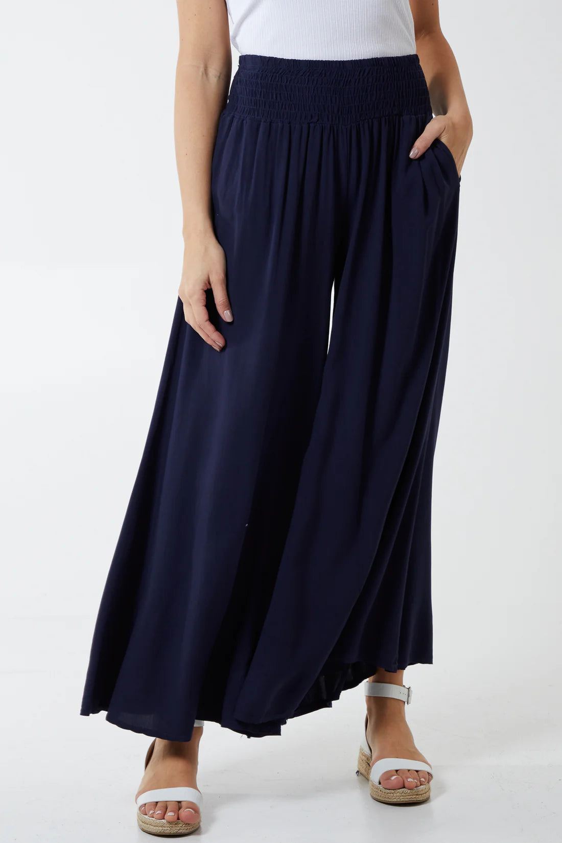 Sarah Deep Shirred Waistband Floaty Wide Leg Trousers - 4 Colours