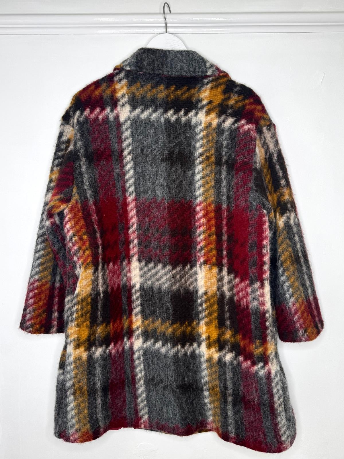 Ava Wool Blend Tartan Style Checked Coat - Burgundy, Mustard & Grey Check