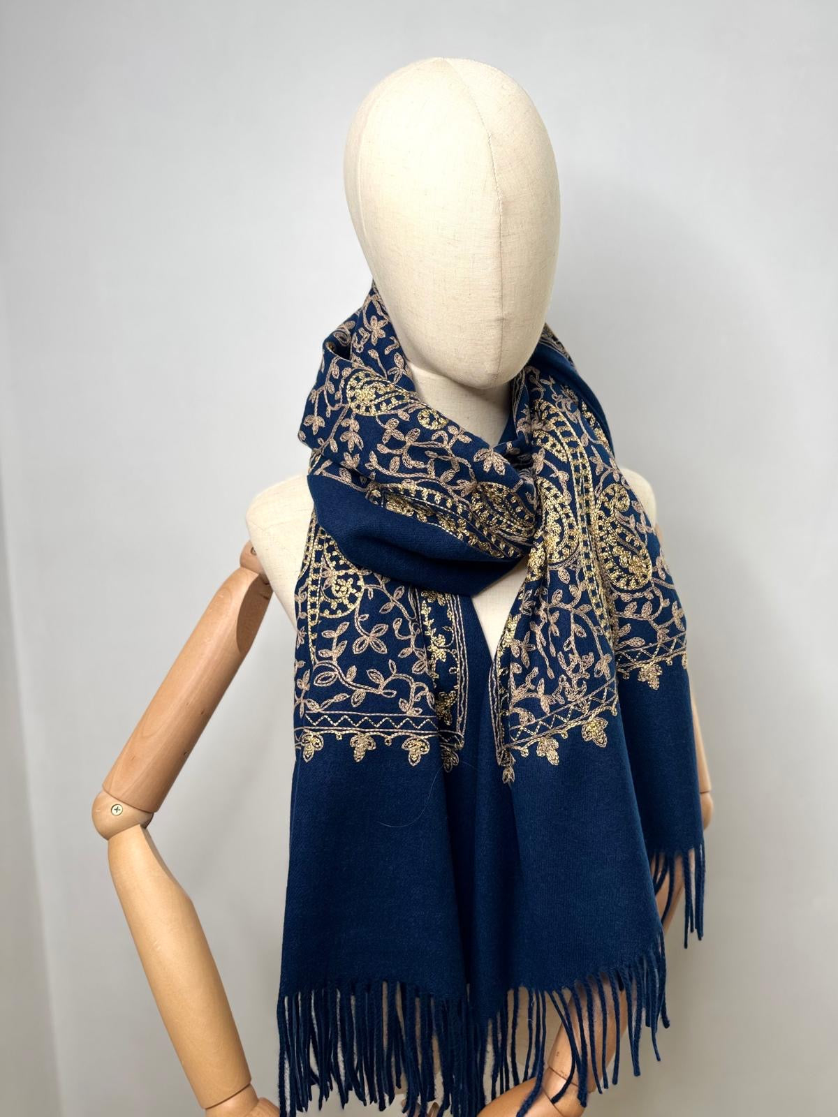 Ursula Gold Embroidered Paisley Design Wool Blend Pashmina Scarf - Black Or Navy