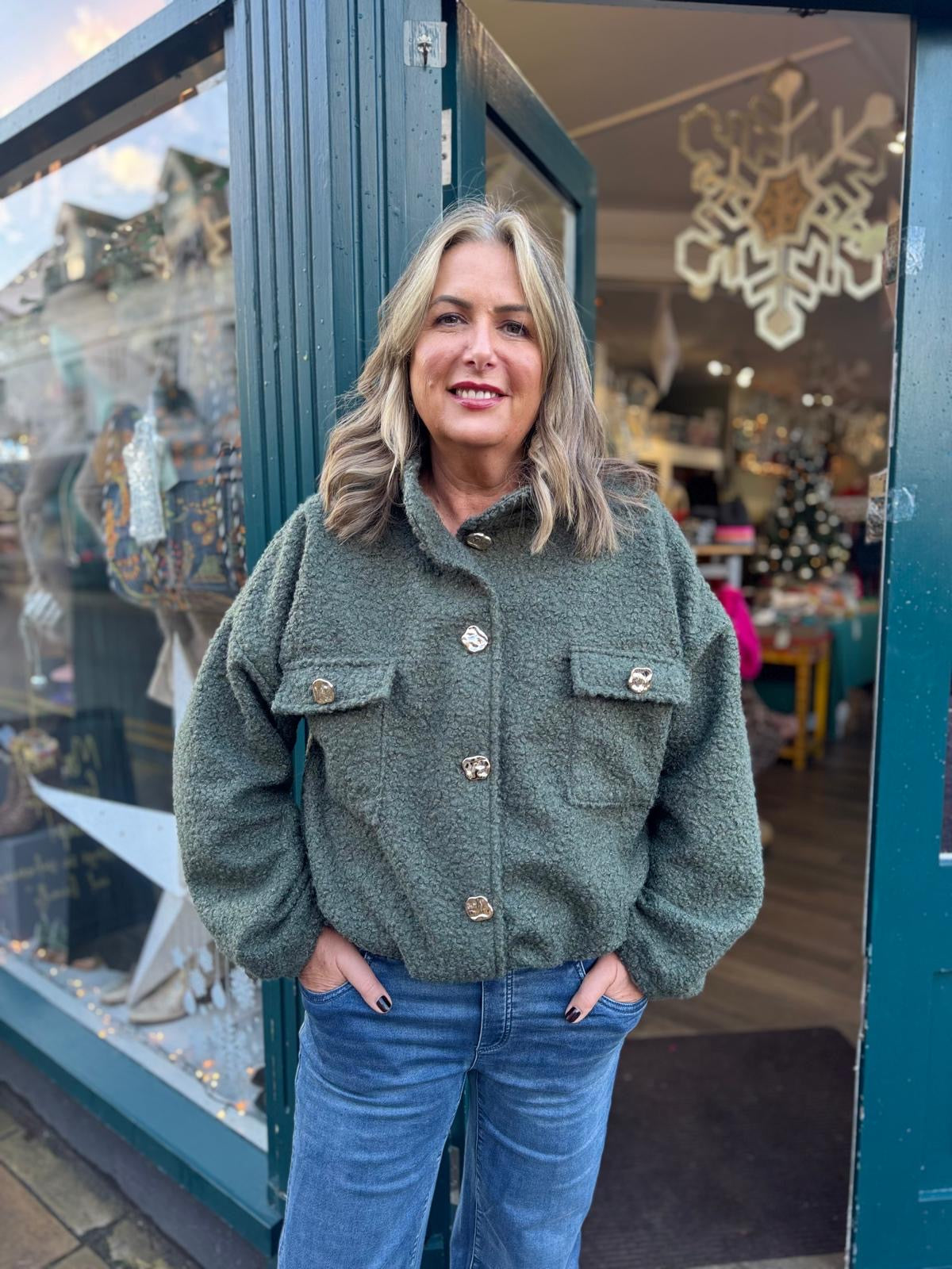 Faye Boucle Bomber Jacket With Gold Buttons - Khaki Or Burgundy