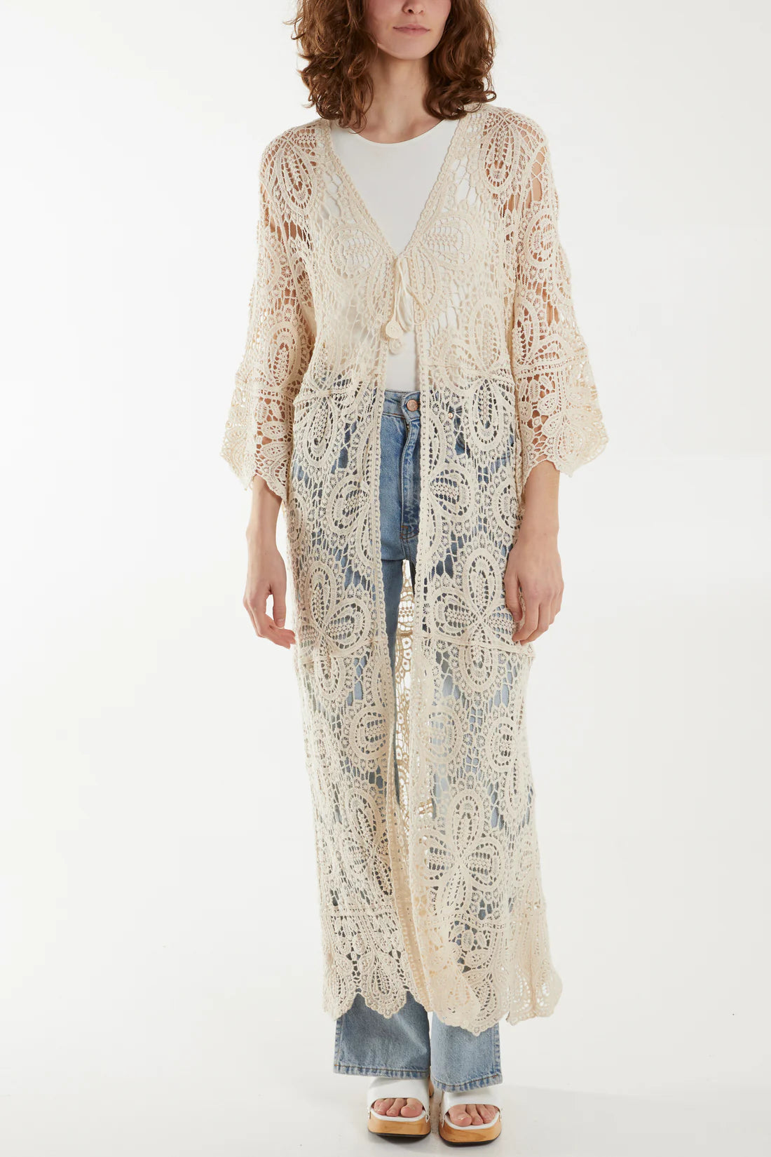 Jessica Cotton Long Crochet Cardigan - Cream Ecru