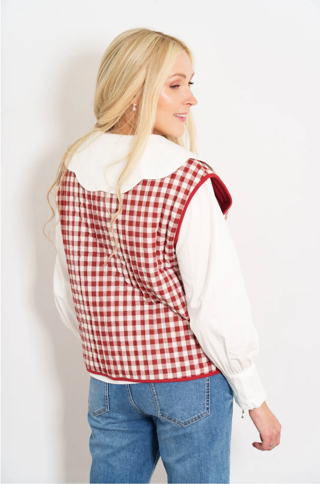Liselle Quilted Cotton Gingham Gilet Waistcoat - Reversible Red & Cream
