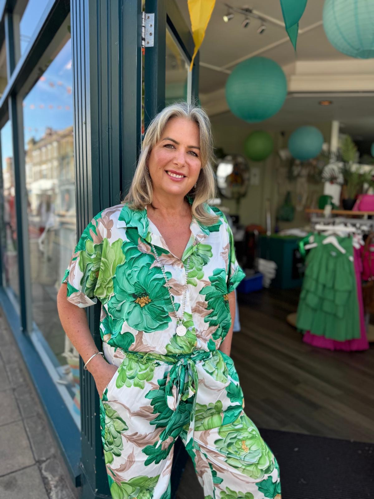 Ginny Floral Satin Co-Ord Shirt & Trousers Set - Green Or Black
