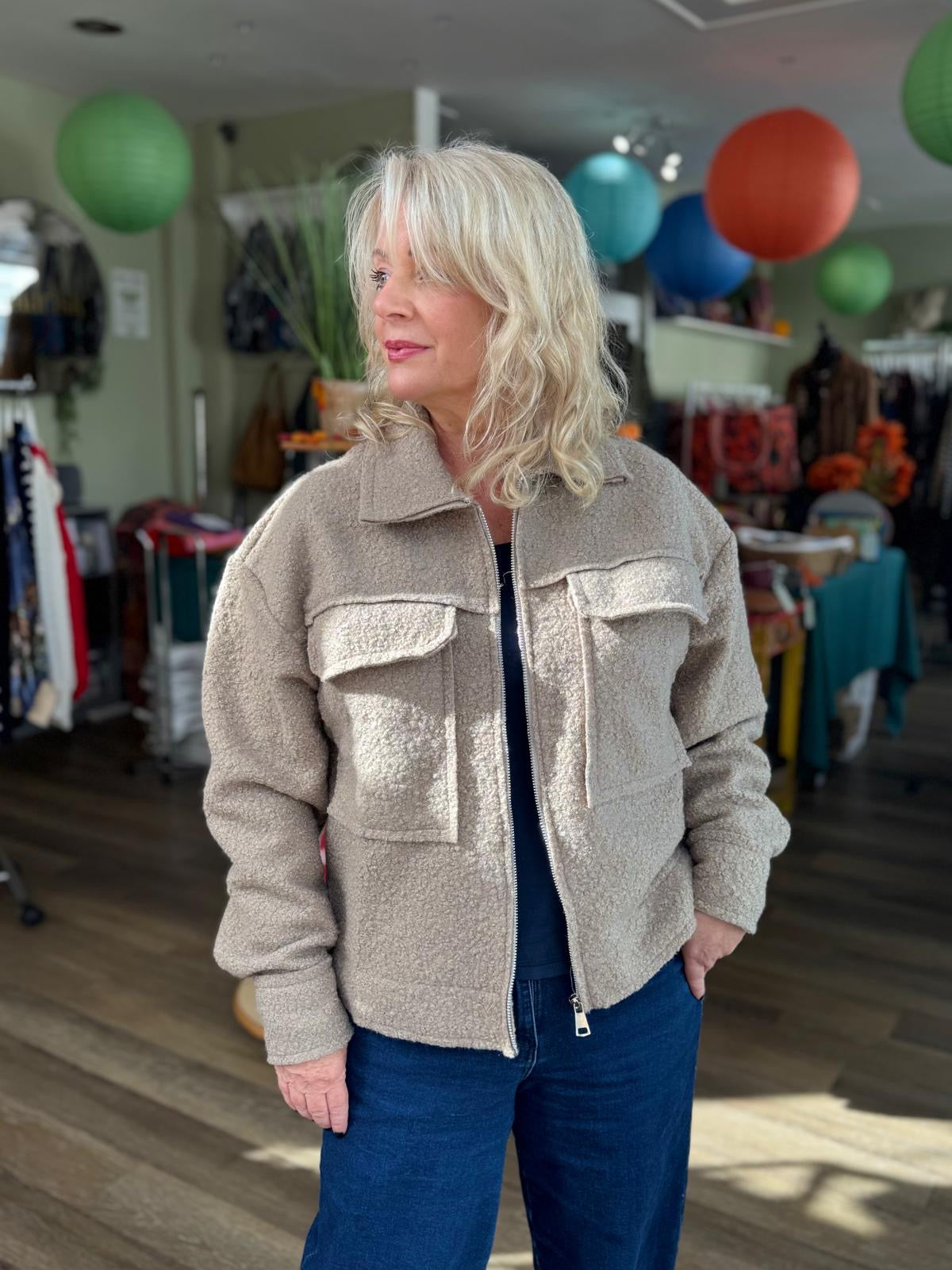 Paula Boucle Short Utility Style Bomber Jacket - Beige Or Burgundy