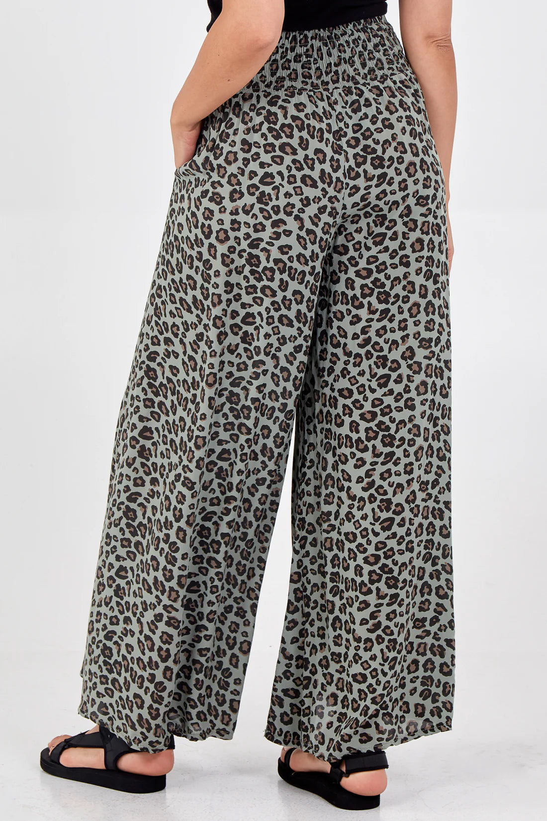 Kitty Shirred Waistband Wide Leg Leopard Print Trousers - Khaki Or Mocha