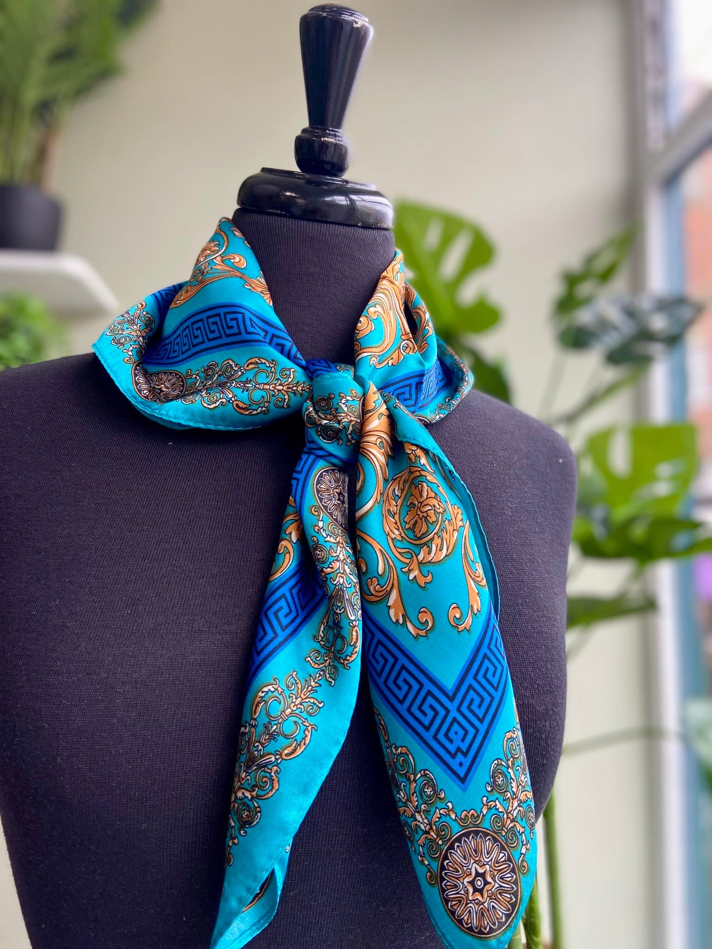 Keeva Small Silk Mix Square Scarf - Teal Baroque Print