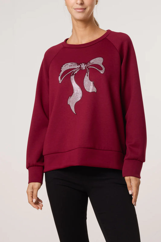 Burgundy Wine Diamanté Bow Sweatshirt