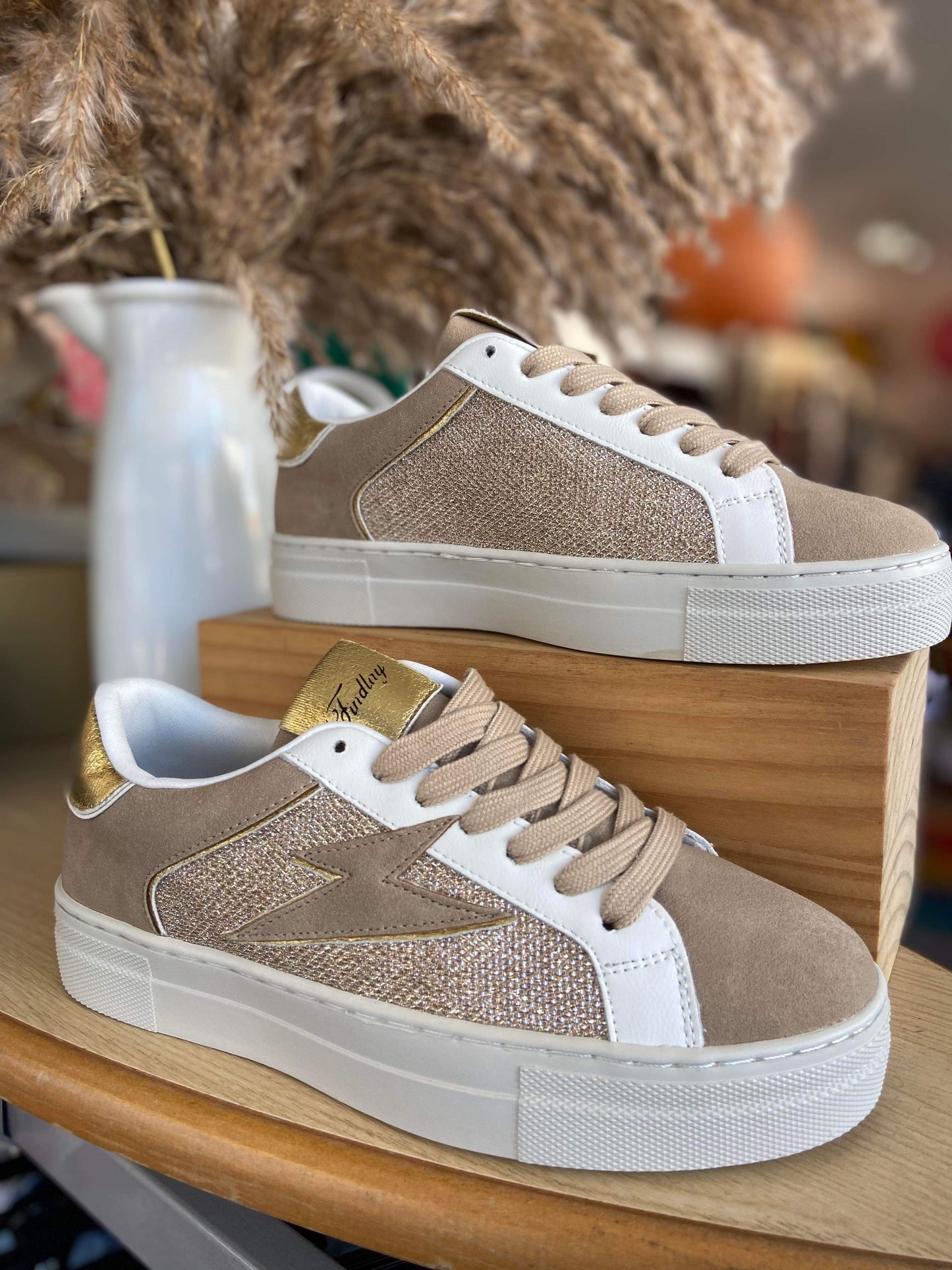 Sheena Neutral Beige Sparkle & Lightning Flash Trainers