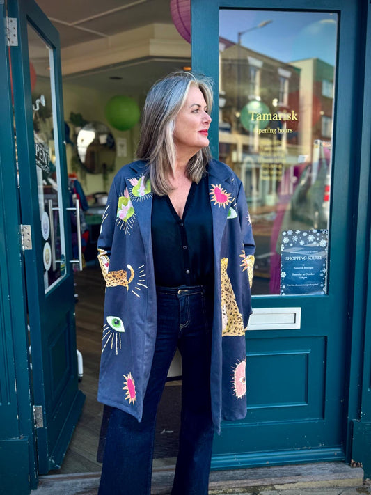 Icon Leopard, Heart & Sun Print Long Jacket In Black Faux Suede