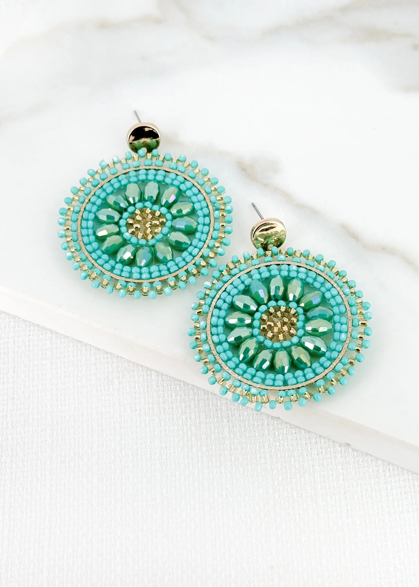 Envy Jewellery Large Circular Drop Turquoise & Green Beaded Boho Earrings