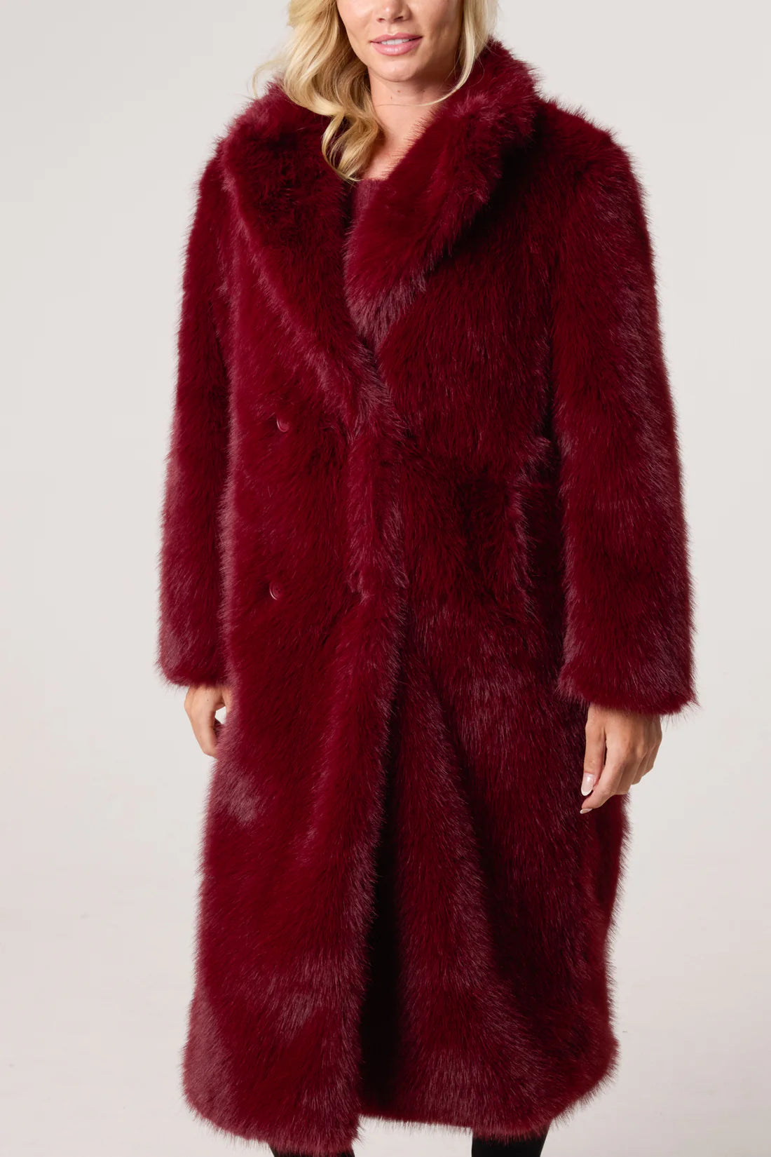 Ella Premium Faux Fur Longline Coat - Burgundy Or Warm Beige