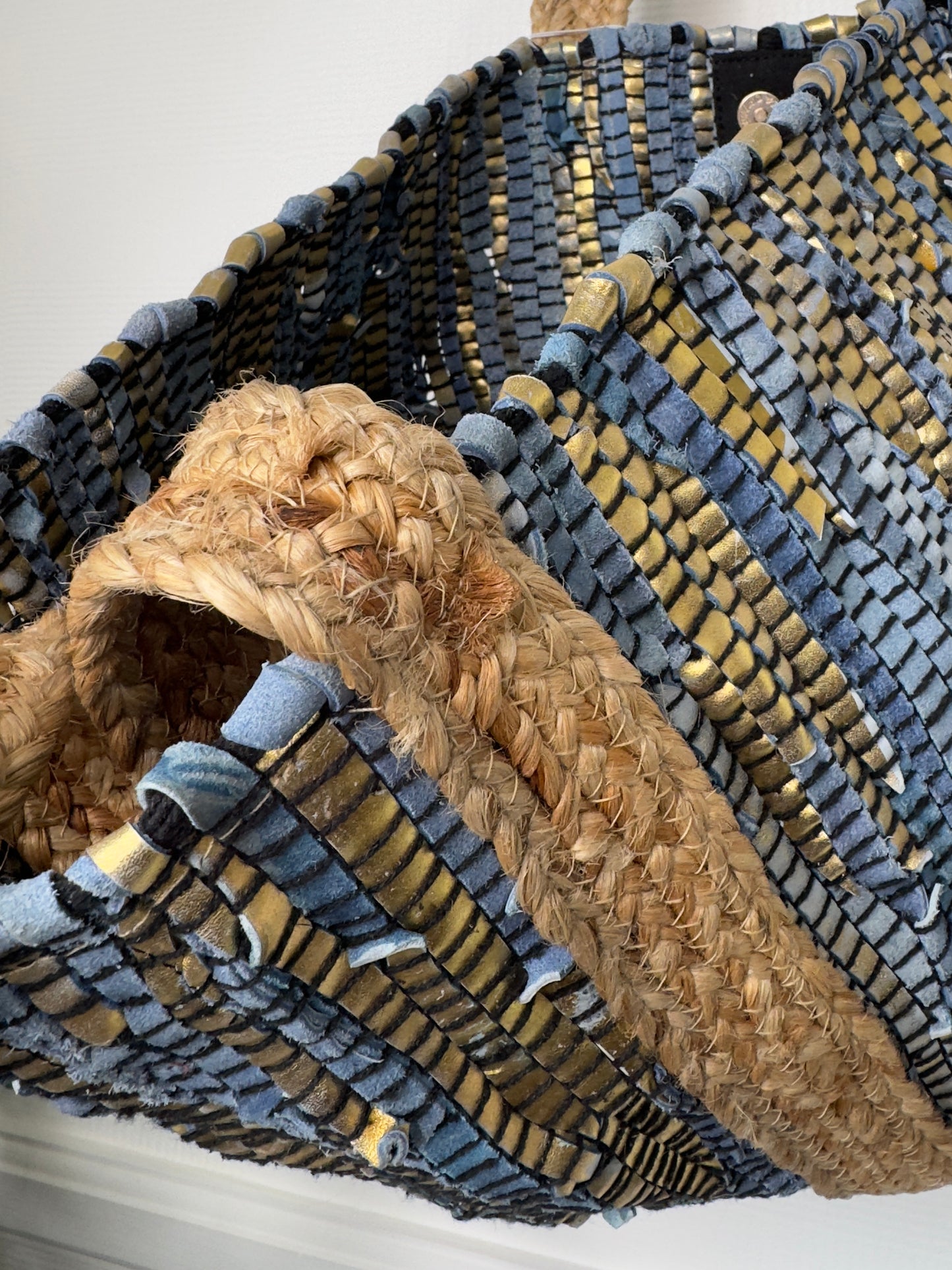 Boho Luxe Leather & Jute Woven Rag Tote Bag
