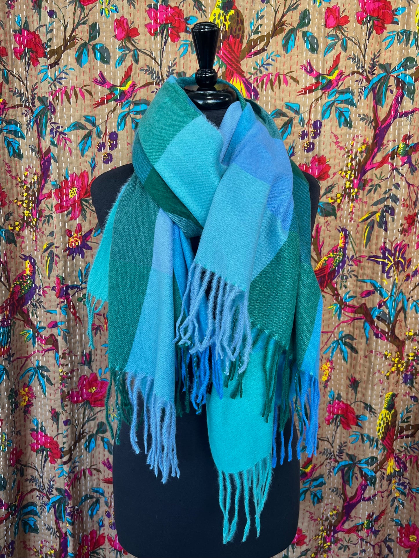 Checked Wool Mix Pashmina Scarf - Sea Green & Blue