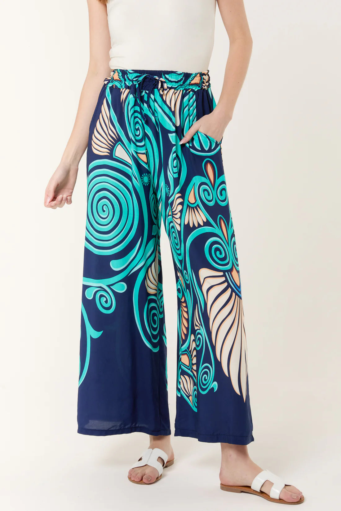 Helene Wide Leg Spiral Print Trousers - Pale Blue Or Navy