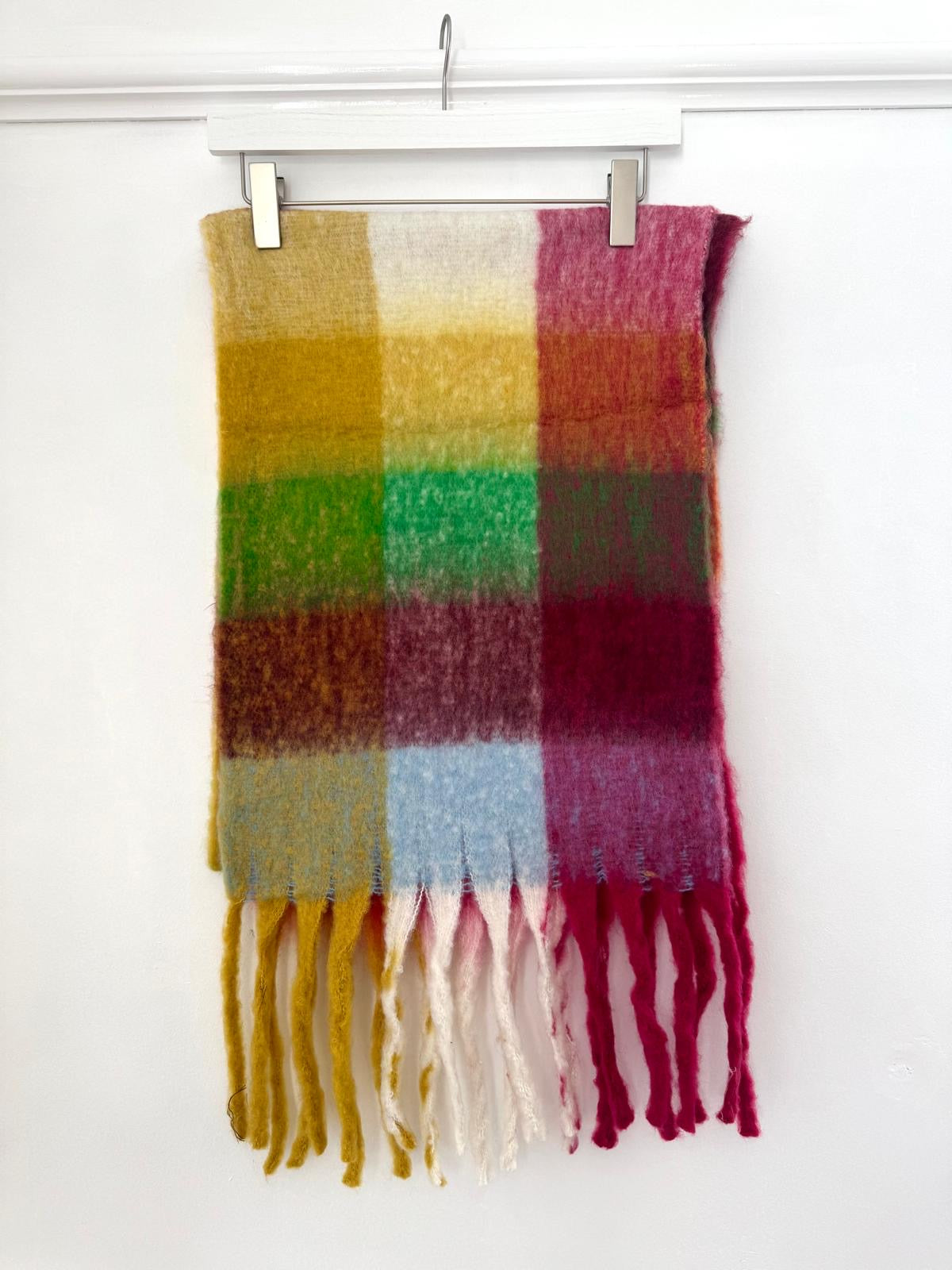 Woodland Walk Burgundy, Mustard & Green Checked Wool Blend Blanket Scarf