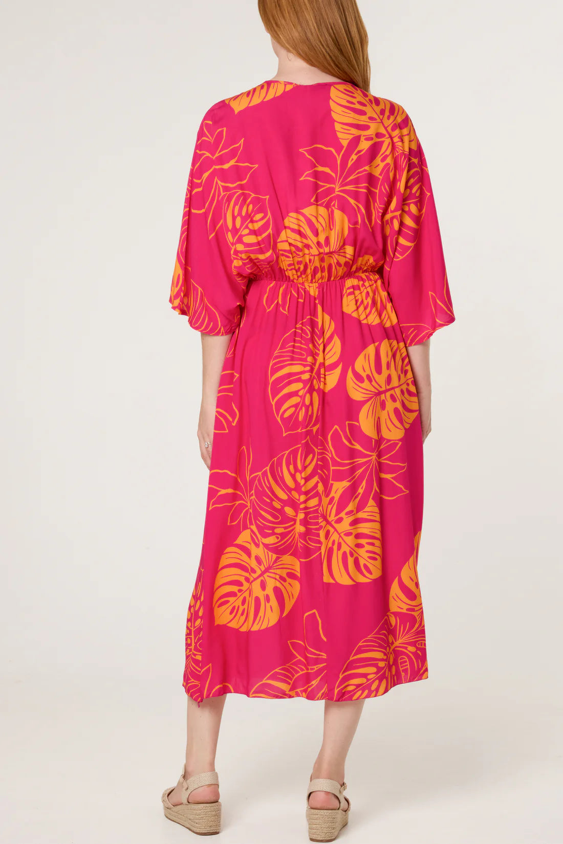 Cora Tropical Palm Print Pink Midi Dress