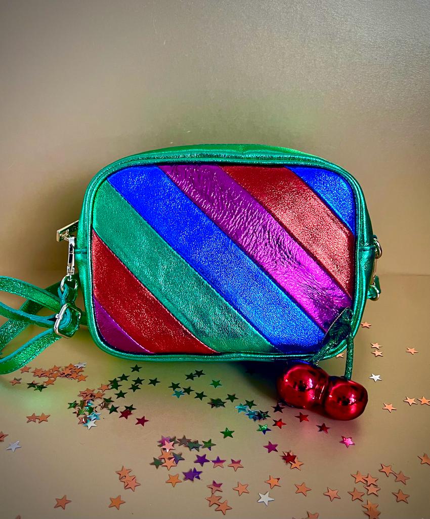 Dorothy Green Metallic Leather Multicoloured Stripe Camera Cross Body Bag
