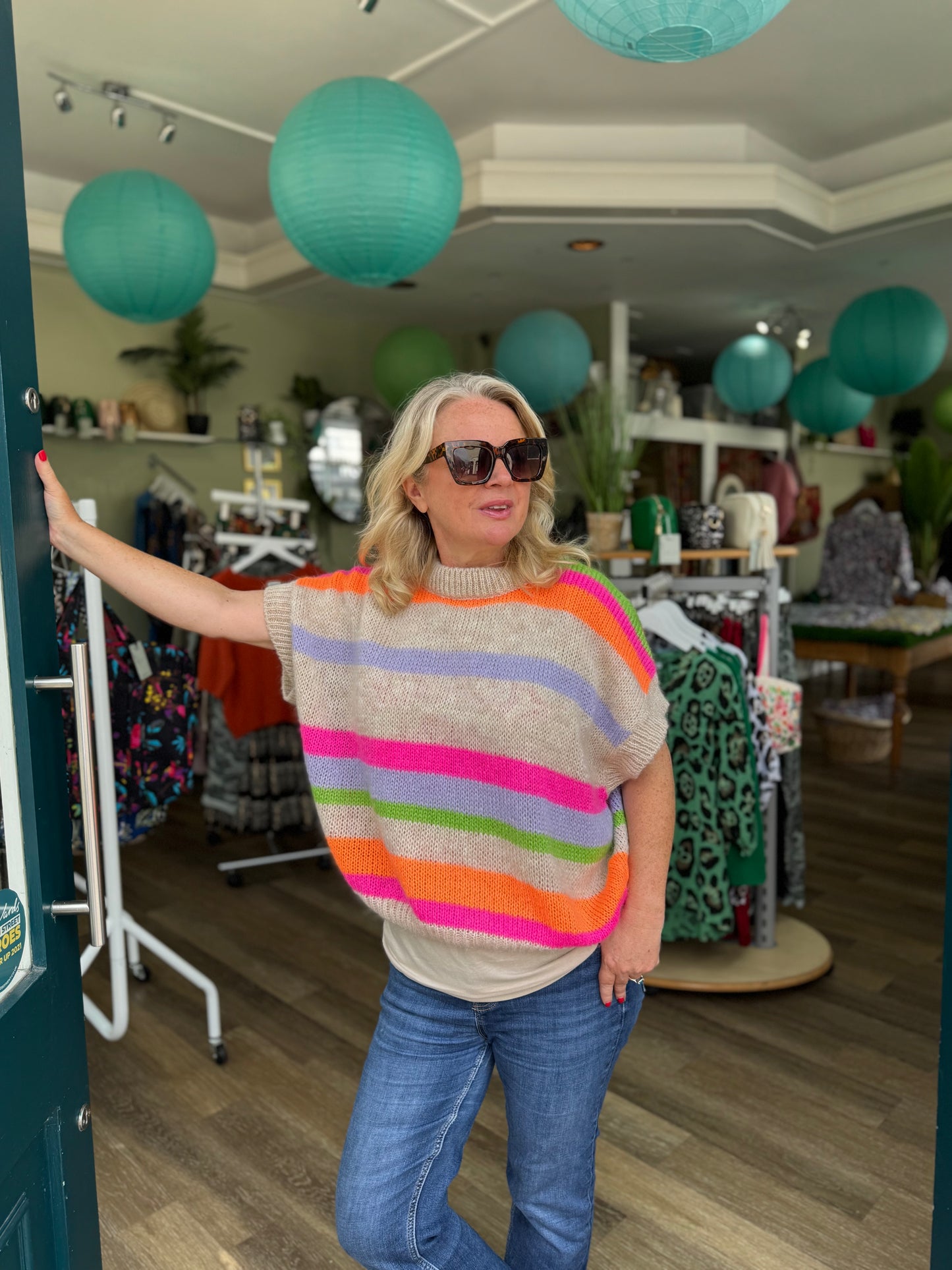 Mia Relaxed Fit Multi Stripe Short Sleeve Mohair Blend Jumper