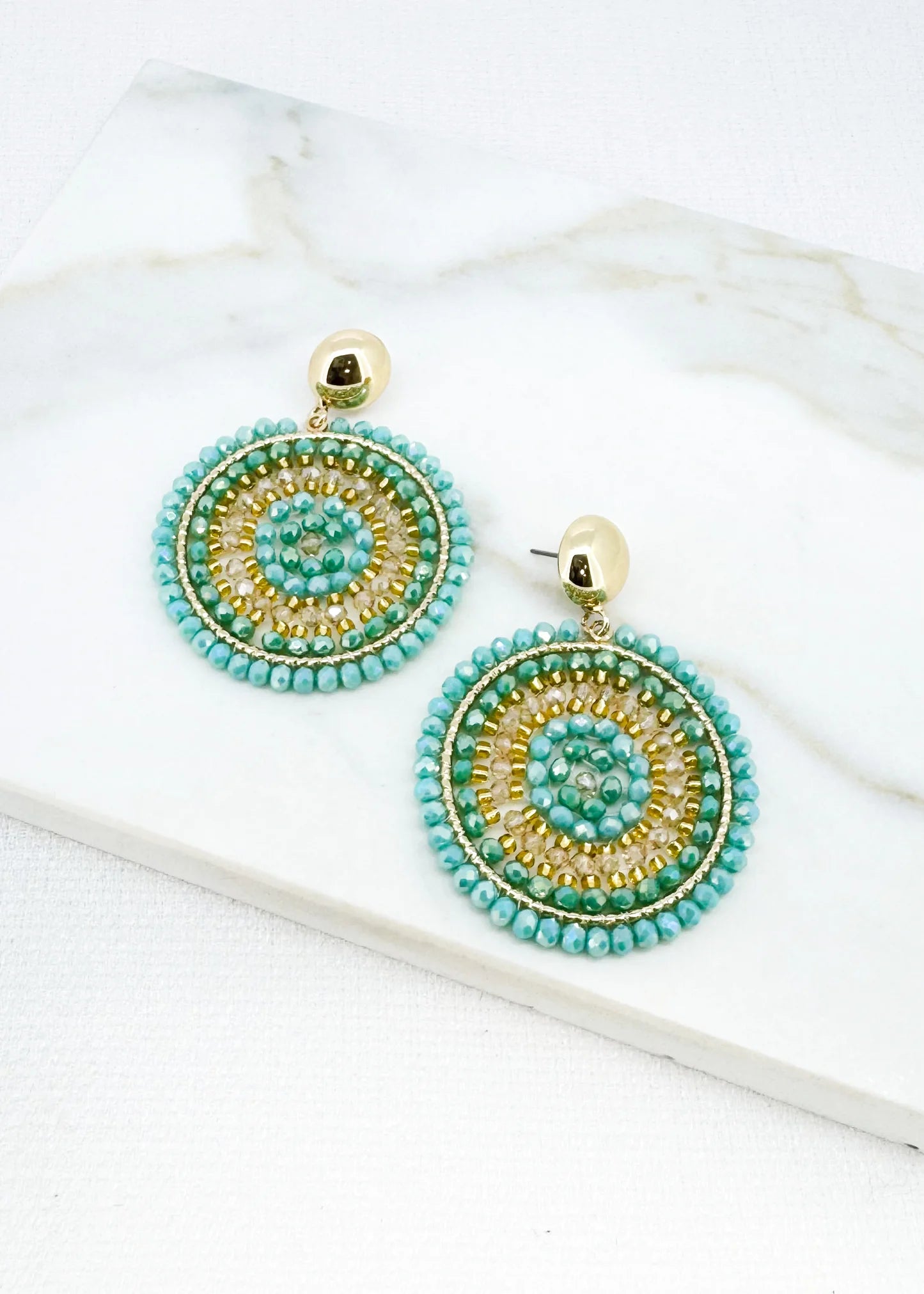 Envy Jewellery Large Circular Drop Turquoise & Green Beaded Boho Earrings