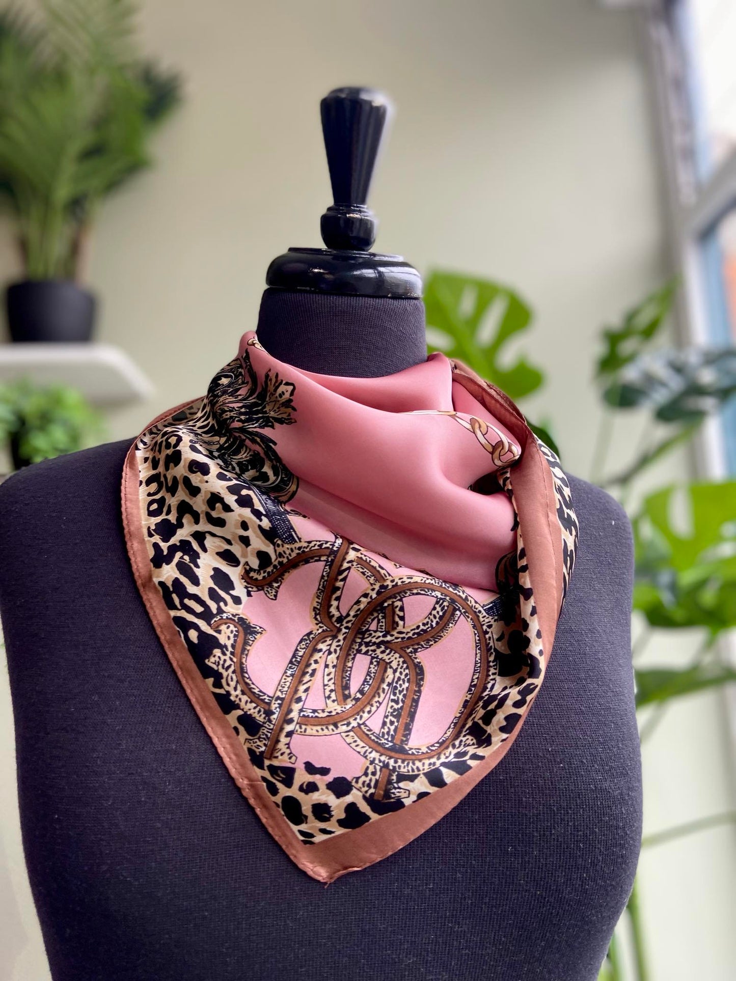 Nanette Small Square Silk Mix Scarf - Pink Leopard & Chain Print