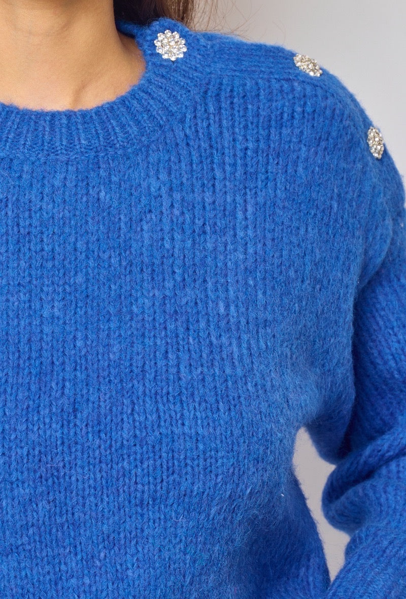 Margot Royal Blue Jumper With Diamante Button Shoulder Detail