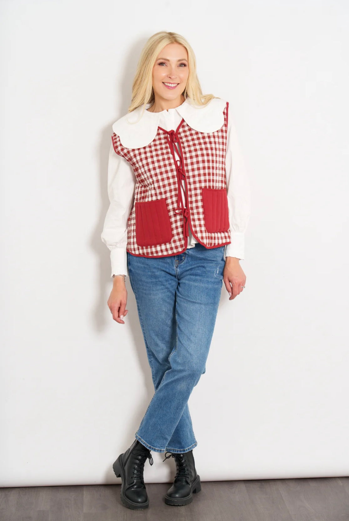Liselle Quilted Cotton Gingham Gilet Waistcoat - Reversible Red & Cream