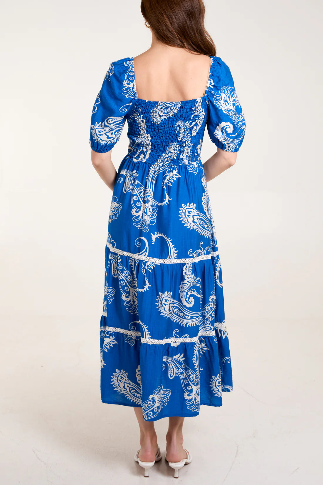 Helena Shirred Bodice Puff Sleeve Midi Dress - Santorini Blue Paisley