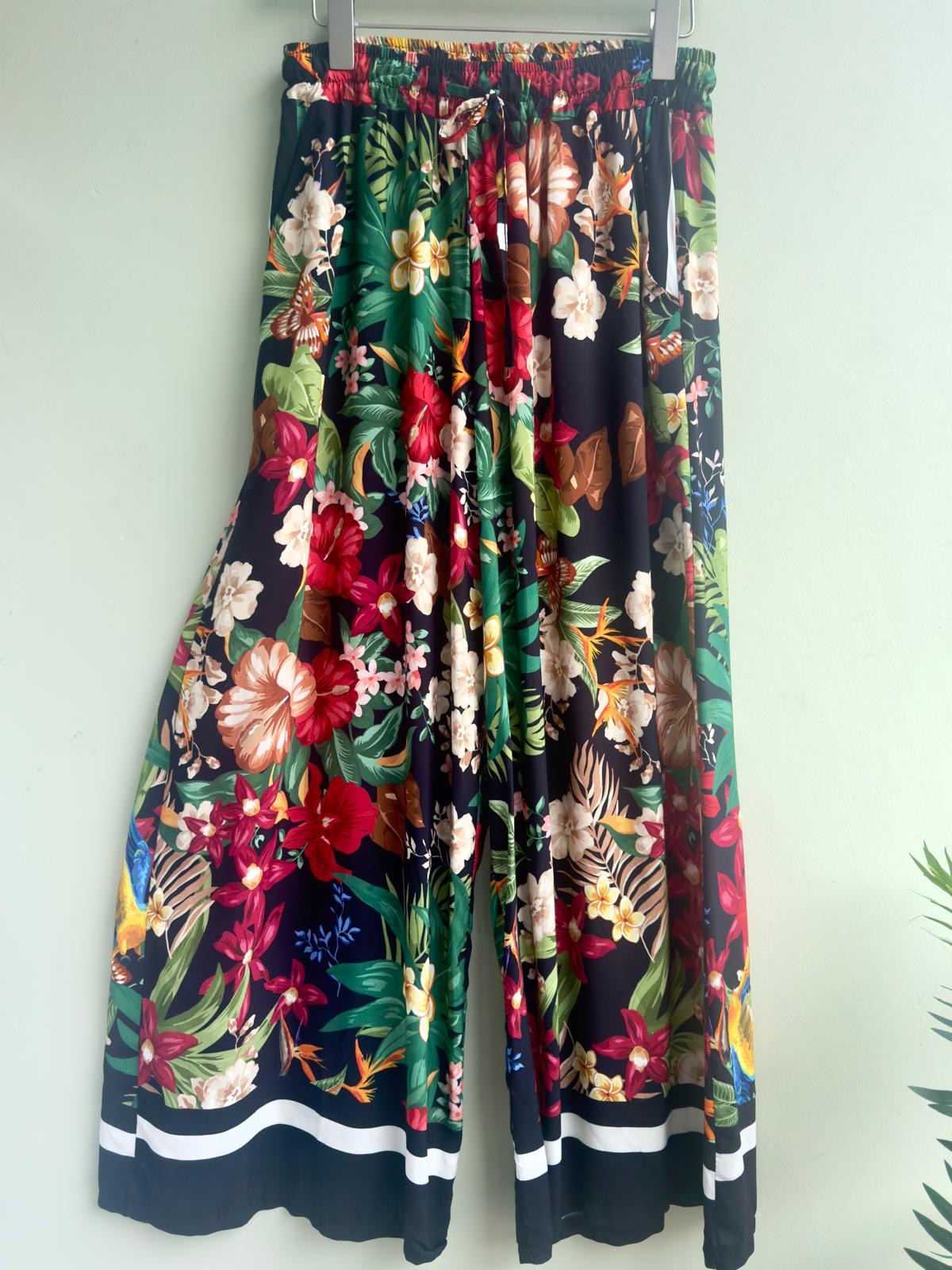 Ivy Black Floral Wide Leg Trousers With Stripe Border