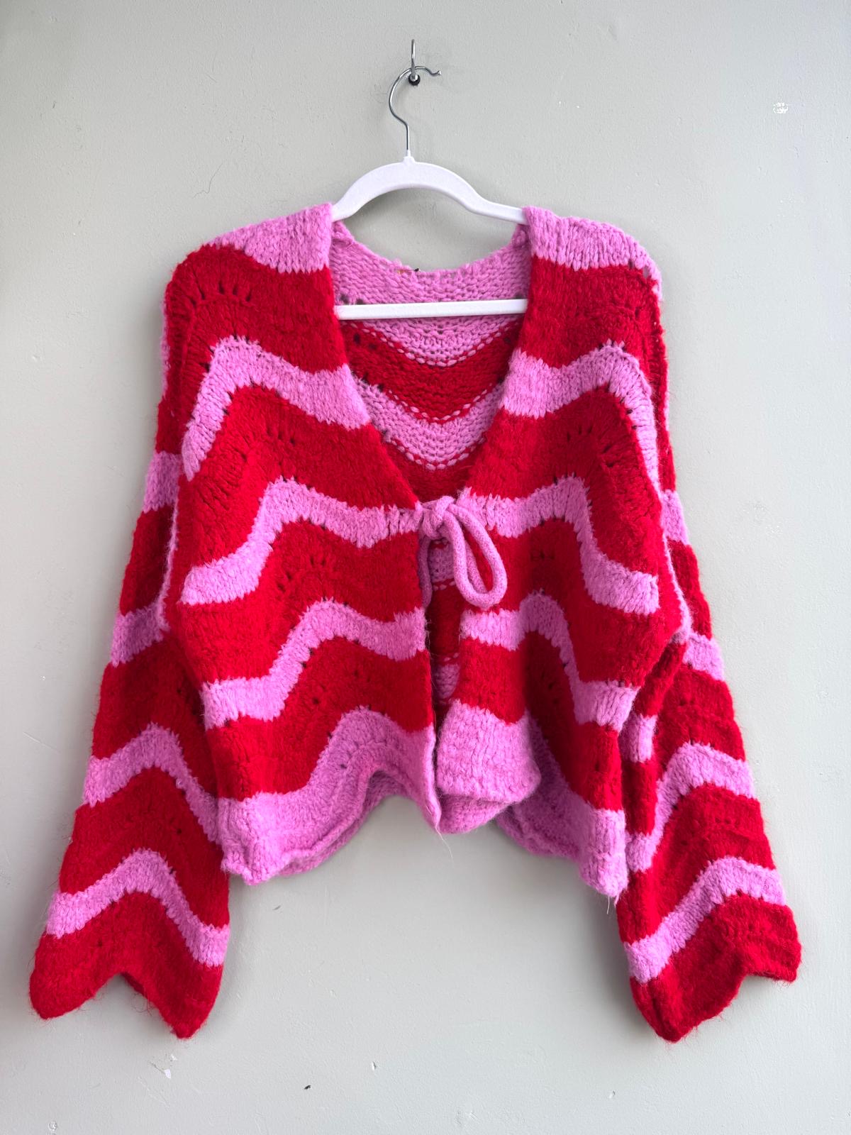 Delilah Chevron Knit Scalloped Edge Pointelle Tie Front Cardigan - Pink & Red