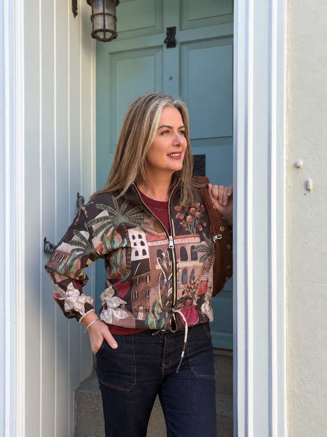 Mediterranean Print Faux Suede Bomber Jacket