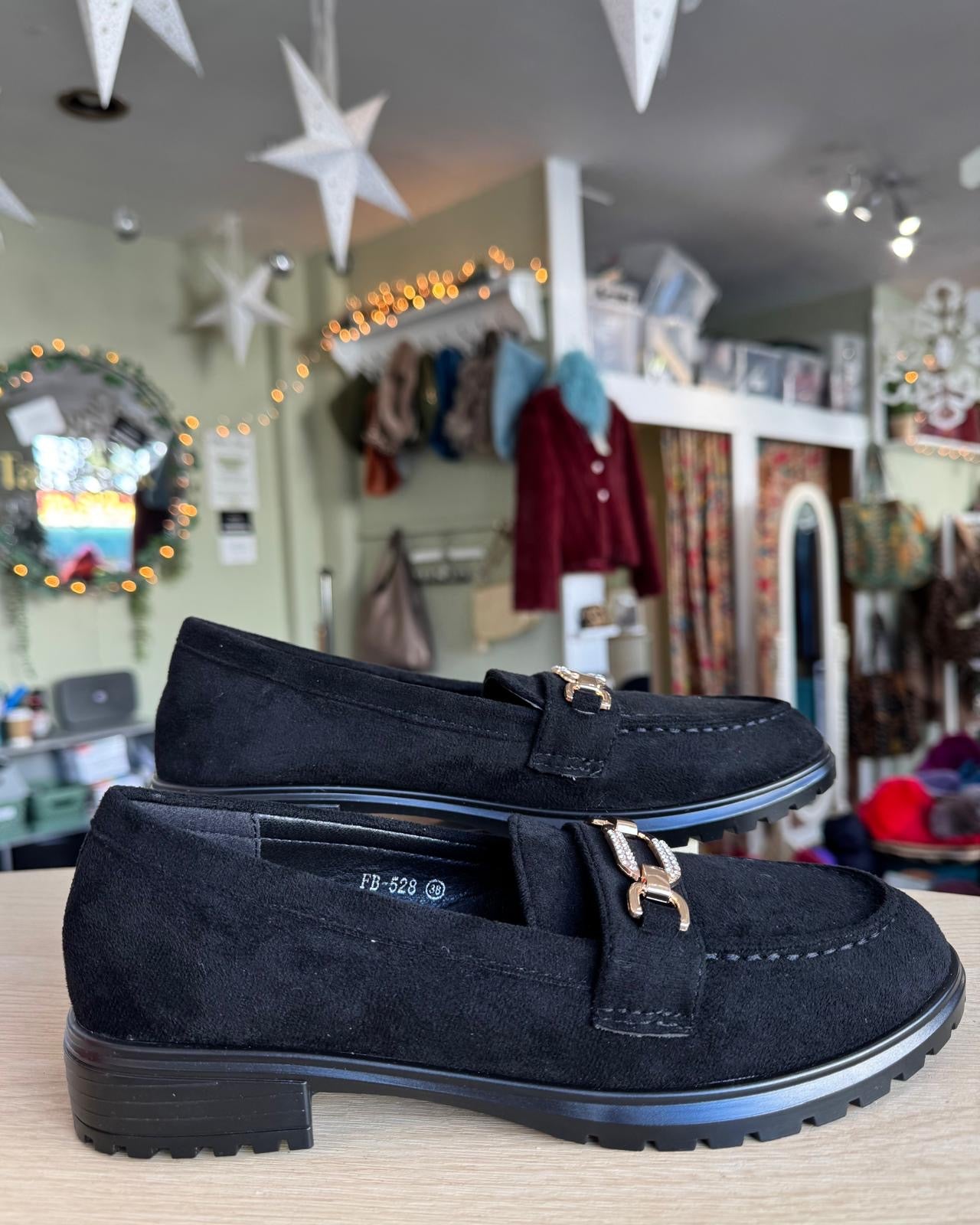 Black Faux Suede Classic Loafers With Gold Chain Trim