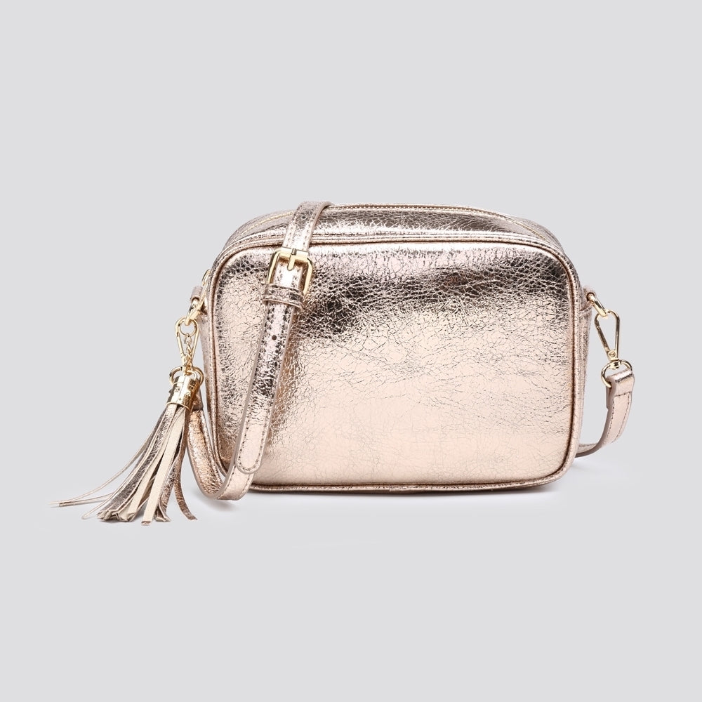 Poppy Crackle Metallic Tassel Trim Cross Body Bag