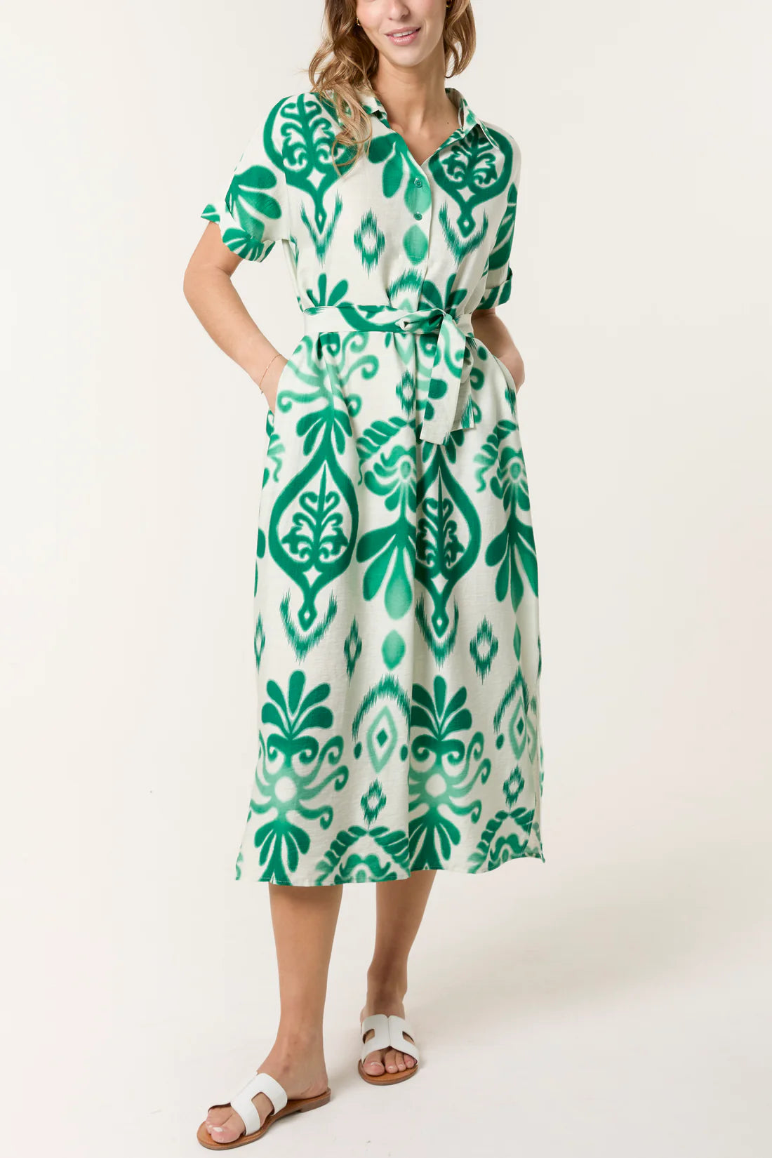 Michelle Ikat Print Short Sleeve Shirt Dress - Green Or Blue