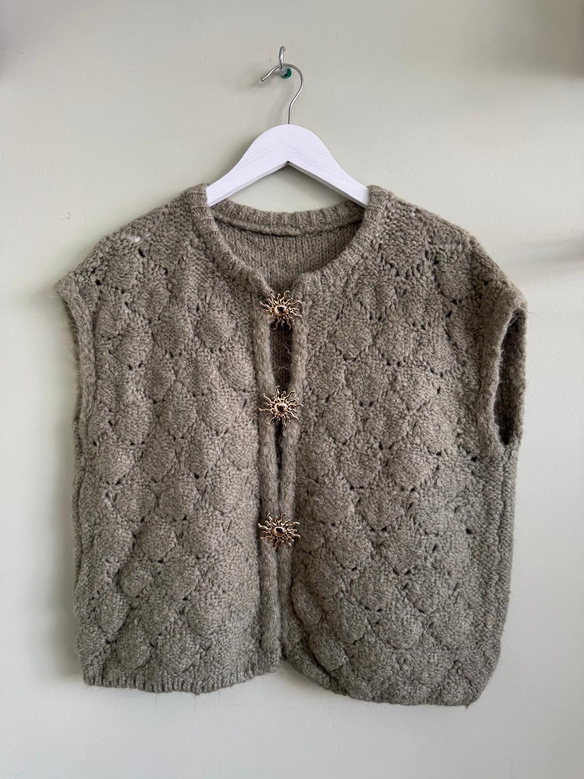 Teresa Pointelle Lace Knit Wool Blend Waistcoat Sweater Vest With Feature Sun Brooch Fastening - Sage Green, Rose Pink Or Chocolate Brown